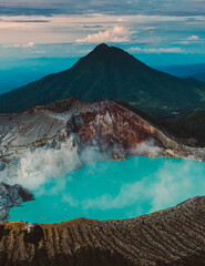 Aerial view of Misty Volcano of Kawah Ijen crater in East Java