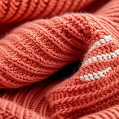 Close-up of intricate knitted patterns in soft coral yarn, showcasing craftsmanship.