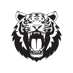 Set of tiger heads with open mouth and bared fangs, with different angry expressions of the muzzle. Symbols for tattoo, emblem or logo, isolated on a white background.
