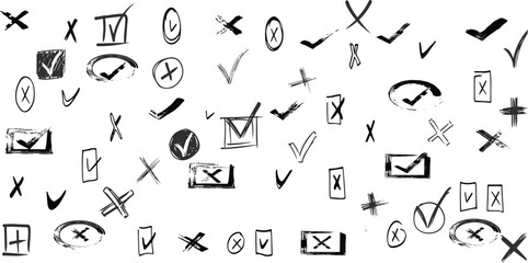 Doodle check marks. Hand drawn symbols for checking and voting, task list checkbox with cross and tick signs vector icons set