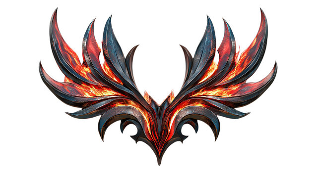 Fiery wings emblem logo design for games and branding with flames and metal illustration art concept on transparent background