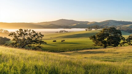 Obraz premium Cows graze in a serene green pasture on a sunny morning