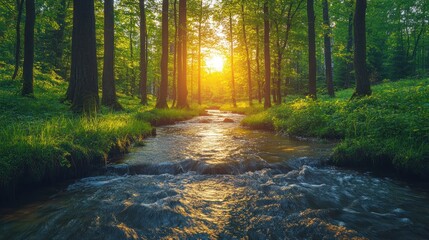 Obraz premium Sunset Serenity: A Tranquil Forest Stream