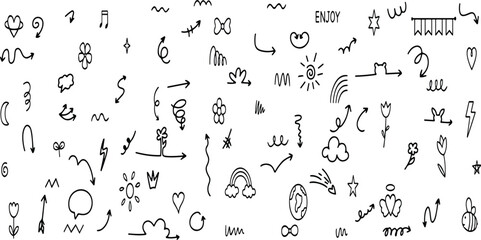Hand drawn line elements. Doodle pen signs and effects. Simple sketch sparkle, star, glitter, icons, heart, floral objects. 