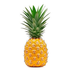 Fototapeta premium A ripe pineapple with spiky green crown and golden yellow flesh, isolated white background, hyperrealism art style