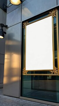 Ornate gold framed blank poster display on exterior of modern metal building next to glass facade with street lamp.