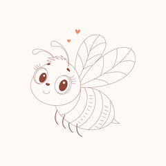 Cute cartoon bee with big eyes and hearts. Line drawing in a minimalist style. Perfect for kids' projects, greeting cards, and coloring pages.