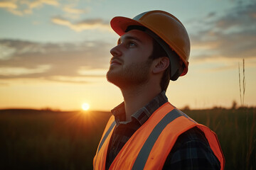 Young worker sunset contemplation hope future dreams