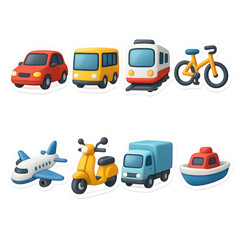 3d vehicle icon set: car, bus, train, bicycle, airplane, scooter, truck, boat