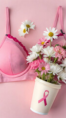 Elegant Breast Cancer Awareness Concept with Flowers and Pink Bra Arrangement,Floral tribute breast cancer awareness soft pink bra with lisianthus blossoms,