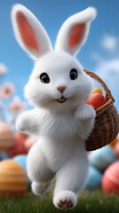 Cute fluffy white bunny carries Easter eggs