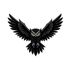 Black Owl in Flight with Wide Wingspan