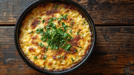 Creamy cheesy dish, golden-brown, garnished with fresh herbs