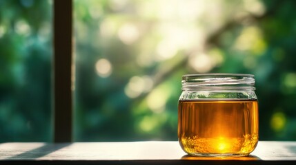 A Glass Jar Filled With Liquid On A Wooden Surface