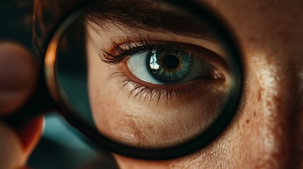 Close-up of a human eye observed through a magnifying glass in a dimly lit room during late afternoon