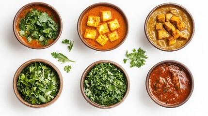 Indian paneer curry with accompaniments, isolated against white space.