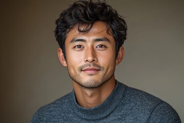 Obraz premium Portrait of a confident, smiling Asian man with dark curly hair