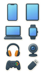 3d tech device sticker icons set featuring smartphone, tablet, laptop, smartwatch, and more