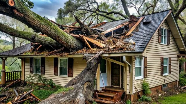 Large tree falls on residential home causing extensive damage and destruction