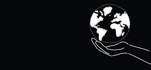 open hand holding white black globe earth on black background with copyspace,Earth Holding Dark Background, Planet Earth, Globe Symbol,Monochrome Globe empty space, Globe Concept  whitespace          