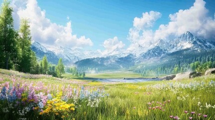 A vibrant landscape displays mountains clouds flowers and a river