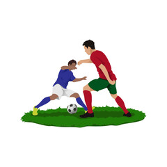 Duel Striker and defender playing futsal, football or soccer vector. player doing nutmeg.