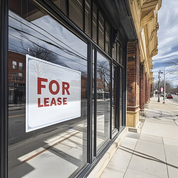 For lease sign displayed in empty commercial storefront window, retail property available for rent in urban business district, vacant shop exterior for real estate investment, leasing opportunity conc