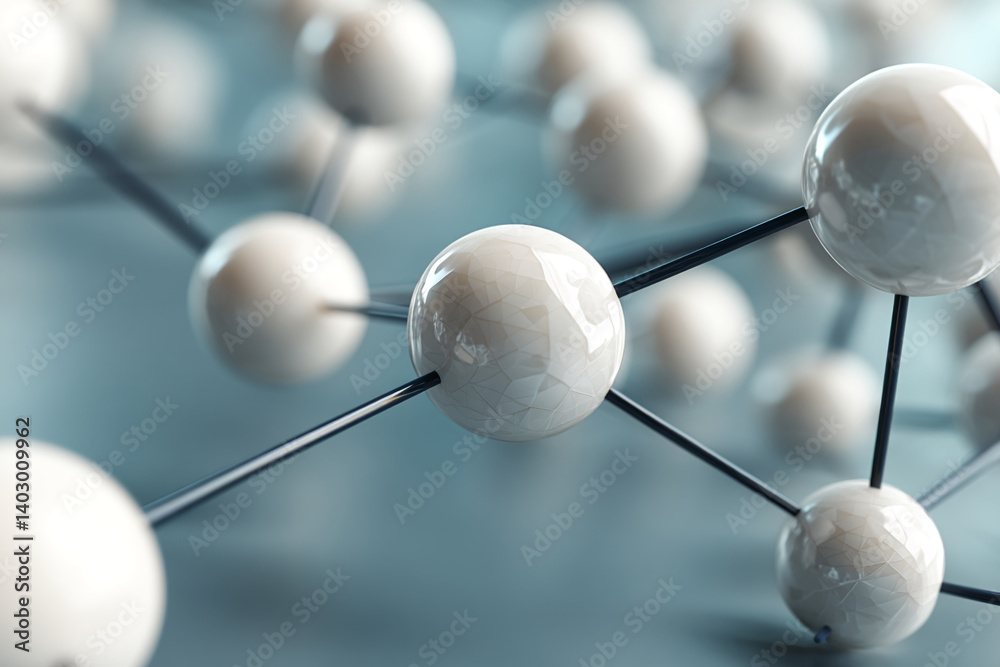 Poster Close-up of interconnected white spheres with dark grey rods, creating a molecular structure abstract image, showcasing connection and networking concepts