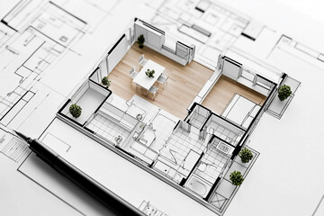 Modern apartment design blueprint model showing kitchen dining and bedroom areas
