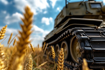 War Machine: A powerful military tank is shown amidst a field of golden wheat under a bright blue sky with soft, fluffy clouds, evoking a sense of contrast between warfare and the serenity of nature.