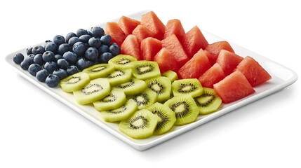 A refreshing platter of sliced watermelon, kiwi, and blueberries.  Perfect for a summer party or healthy snack.  Vibrant colors and fresh fruit.
