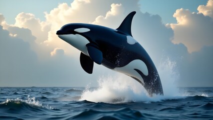 Obraz premium Orca leaping from the ocean, water splashing and dramatic clouds in the background