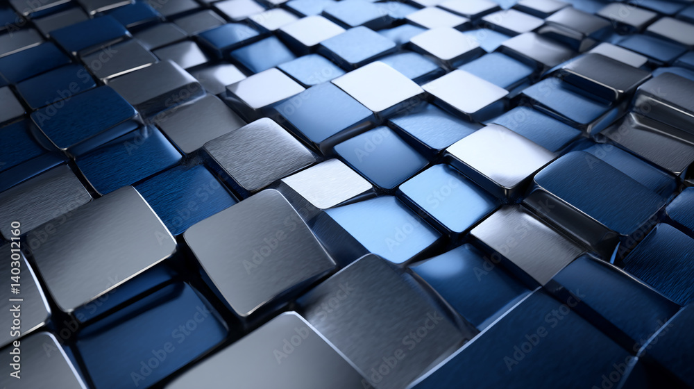 Poster abstract image of metallic blue and silver cubes, creating a textured, three-dimensional surface, sh