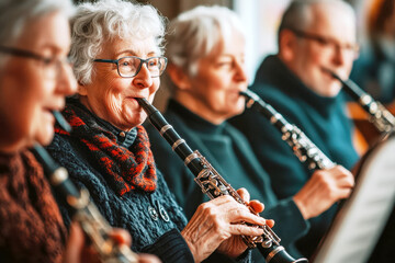 Joyful seniors enjoy an afternoon of music together in a vibrant community class with clarinets and laughter