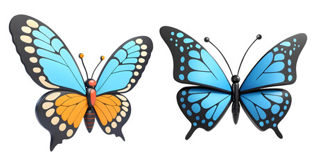 3d rendering blue and orange butterflies isolated on transparent background, PNG file add	
