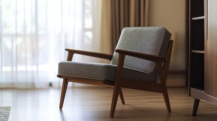 A comfortable mid century modern chair sits beside a cabinet