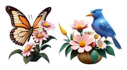 Fototapeta premium 3d rendering butterfly and blue bird with flowers isolated on transparent background, PNG file add