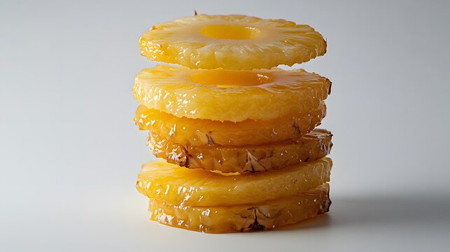 A stack of perfectly caramelized pineapple rings, glistening and arranged against a clean white background.  The top ring hovers slightly, creating a visually appealing image.