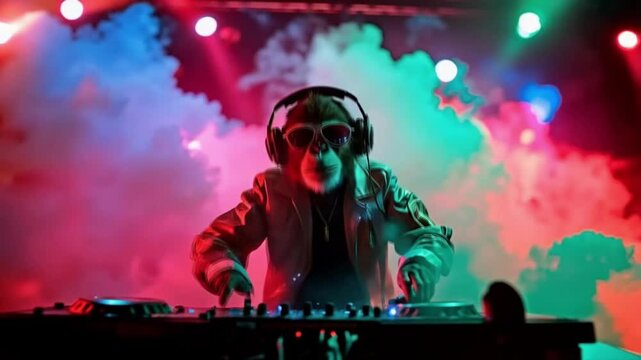 A monkey wearing sunglasses and headphones is playing a DJ set