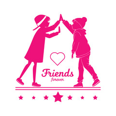 Two Kids Giving A High Five Celebrating Friendship Forever Pink Silhouette