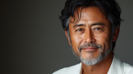 Fototapeta premium Portrait of a handsome man, graying hair, light skin, smiling, gray backdrop