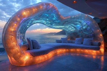 A futuristic illuminated outdoor lounge overlooking a serene ocean view