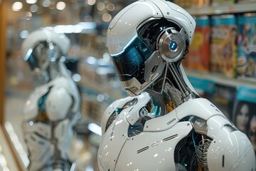 A futuristic robot design stands in front of a blurred background