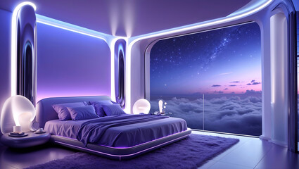 Luxurious Futuristic Bedroom With Cloud View And Neon Lighting Design Elements