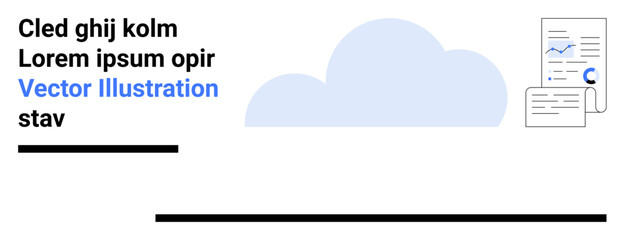 Cloud shape next to reports with graphs and charts. Ideal for technology, data analysis, cloud computing, digital transformation, file management, productivity, simple landing page