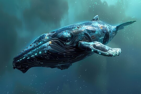 A futuristic technological mechanical whale swims in the ocean environment - Powered by Adobe