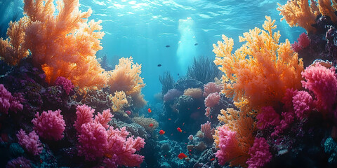 Obraz premium Colorful coral reef teems with marine life beneath clear turquoise waters in a vibrant underwater ecosystem