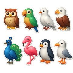 Fototapeta premium Charming 3d bird icons set: owl, parrot, dove, eagle, peacock, flamingo, penguin, seagull