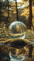 A crystal sphere reflects a serene autumn forest scene.