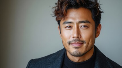 Fototapeta premium Portrait of a handsome man with a warm smile, wearing a dark coat